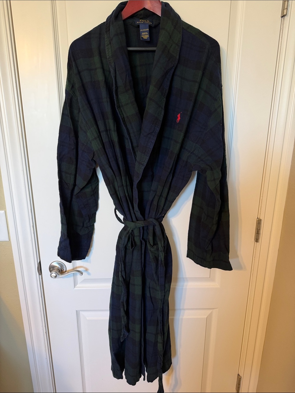 Polo by Ralph Lauren Navy & Green Plaid Lightweight Robe with Red Pony
